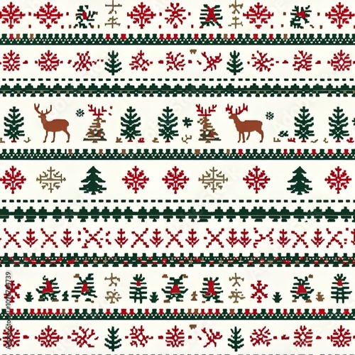 A seamless pattern of Christmas sweater design with red, green, and white colors, a knitted texture, and an illustration style. The background is white. There is an isolated deer silhouette in the cen