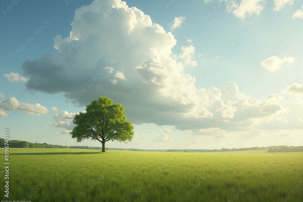 A single tree in a wide open field with dramatic clouds overhead A single tree in a wide open field with dramatic clouds overhead