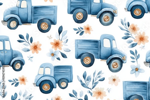 A blue pickup truck with fresh flowers on a white background photo