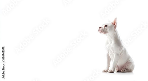 A white dog sitting gracefully against a plain background, showcasing its profile.