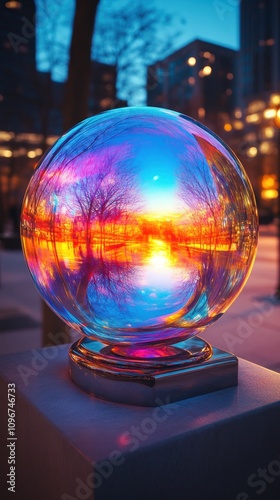 Crystal Sphere Reflecting Urban Sunset Scene