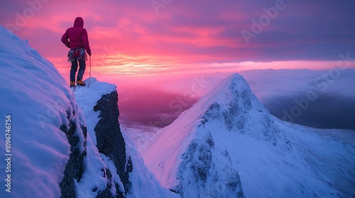 Climber on snowy peak at sunset, majestic view.