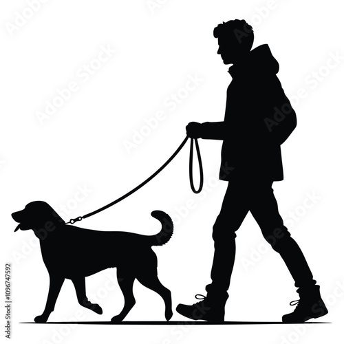 man with dog walking isolated on white background. Vector silhouette