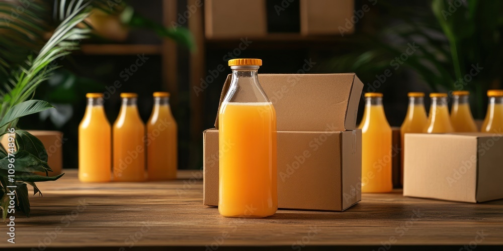 A glass bottle of orange juice stands next to a cardboard box on a wooden table. A glass bottle of orange juice stands next to a cardboard box on a wooden table.