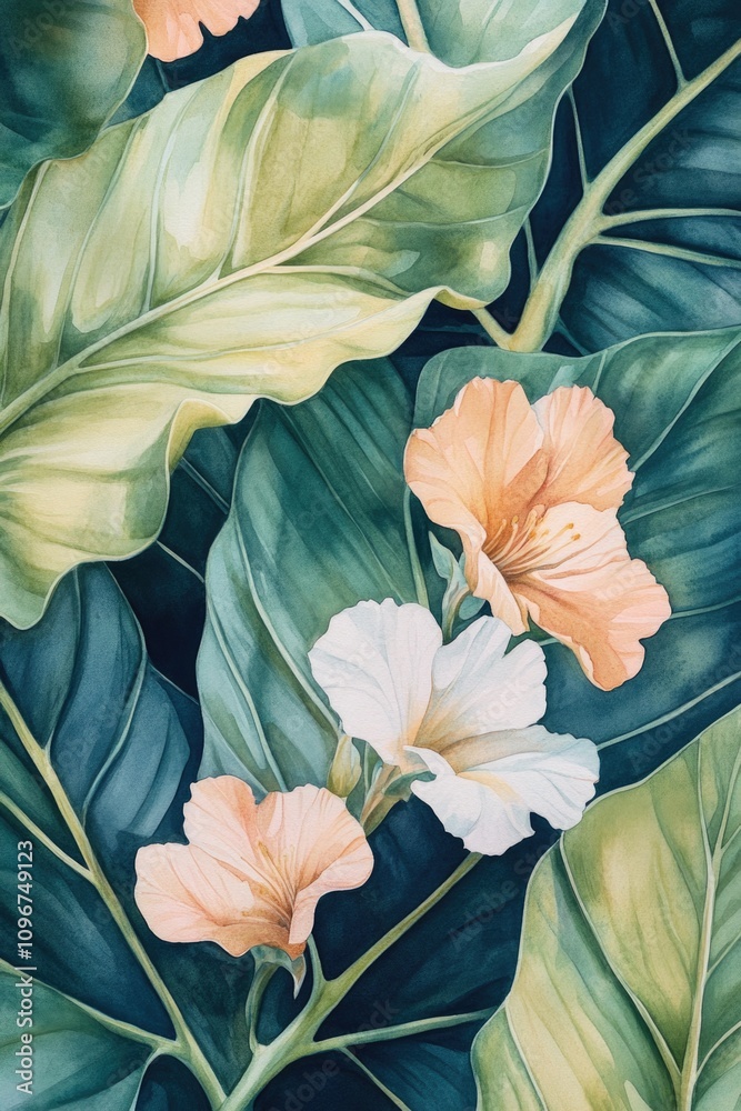 custom made wallpaper toronto digitalA colorful arrangement of flowers and leaves against a bright blue background