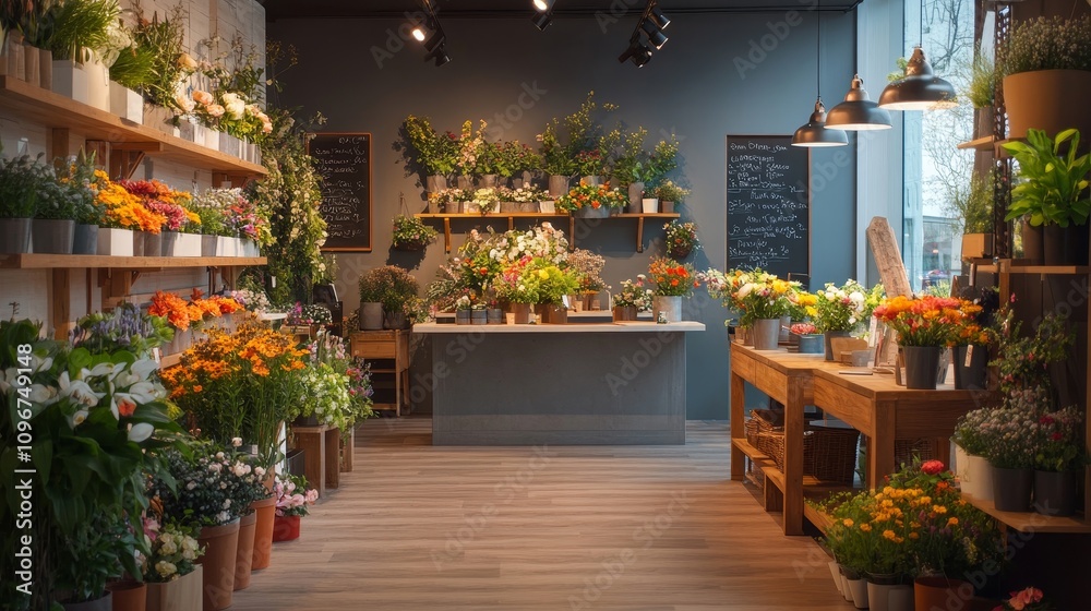 Fototapeta premium Beautiful Flower Shop Interior with Colorful Arrangements