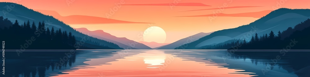 Obraz premium Tranquil Sunset Lake - Vector Minimalistic Illustration