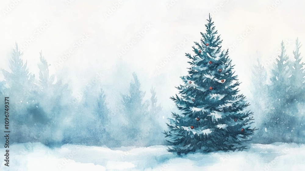 Winter scene with a decorated Christmas tree in a snowy landscape, surrounded by soft, misty forests in shades of blue and white, creating a serene holiday atmosphere Winter scene with a decorated Christmas tree in a snowy landscape, surrounded by soft, misty forests in shades of blue and white, creating a serene holiday atmosphere