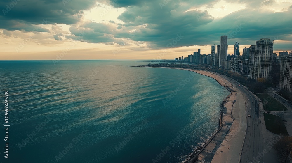 Fototapeta premium Aerial View of Chicago Skyline and Lake Michigan in Sunny Day