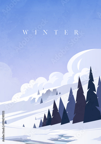 Hand drawn vertical illustrations of winter landscapes with snowy mountains and woods