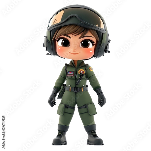 A 3D rendered image of a cute female cartoon pilot in a military flight suit and helmet.