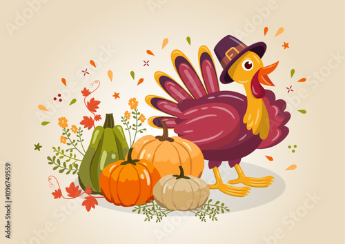 Thanksgiving greeting card with a turkey bird, pumpkins, and leaves