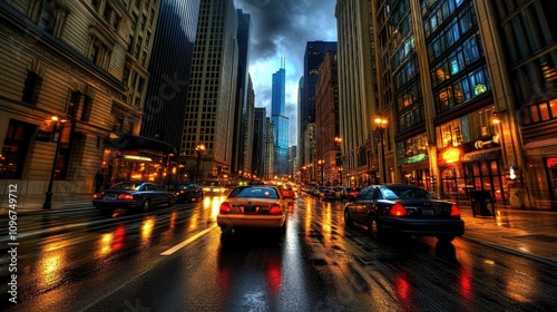 Vibrant Chicago Cityscape: Street, Subway, Cars, Skyscrapers in Urban Metropolis