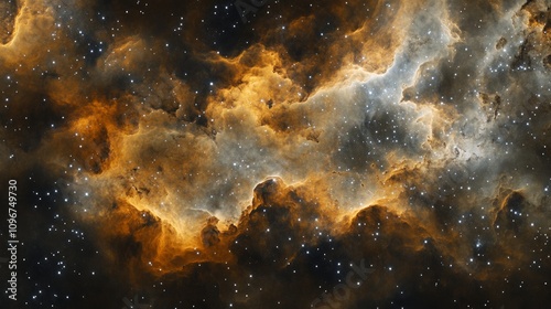 Cosmic Nebula Fiery orange and grey gas clouds, scattered stars in deep space.
