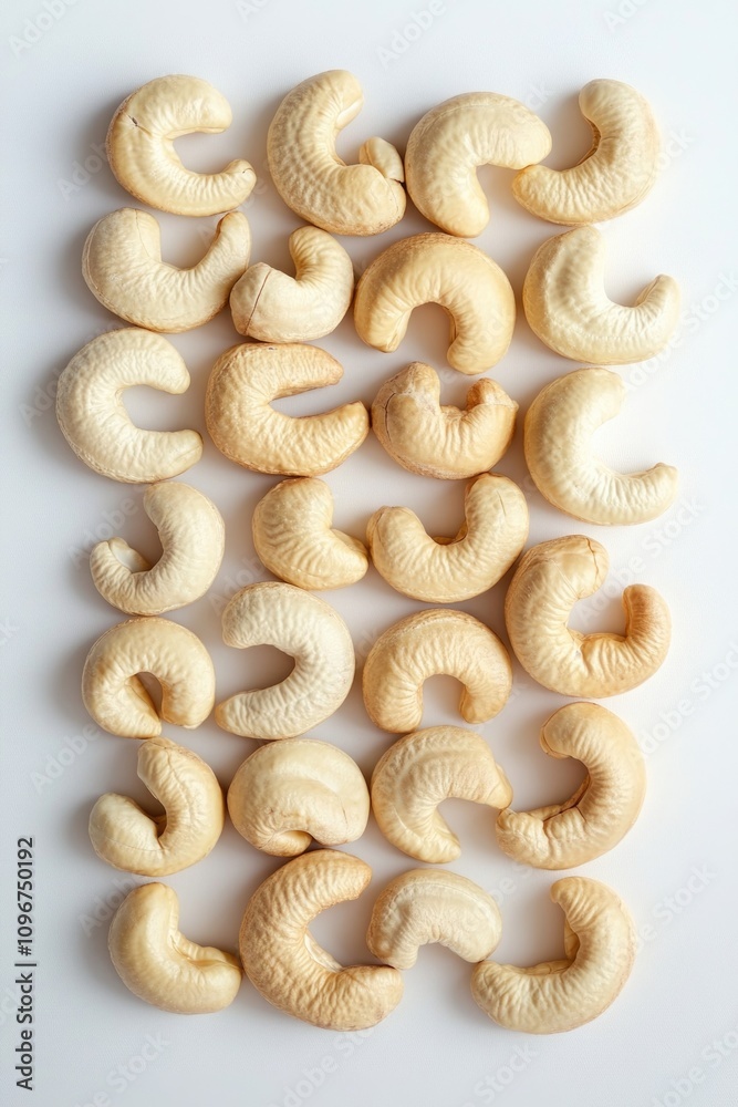A pile of cashews arranged neatly on a white surface, ideal for snacks or decoration A pile of cashews arranged neatly on a white surface, ideal for snacks or decoration
