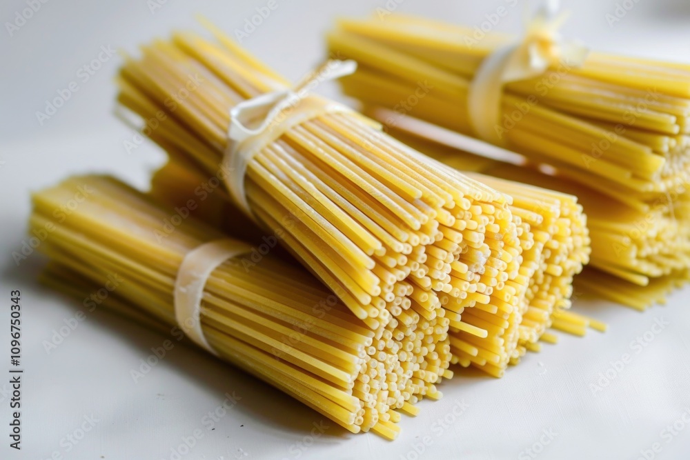 A bunch of spaghetti noodles tied up on a table A bunch of spaghetti noodles tied up on a table