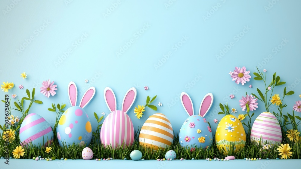 Fototapeta premium Easter Eggs with Bunny Ears on Blue Background