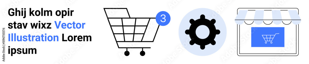 Shopping cart with item count, gearcogwheel icon, storefront icon. Ideal for e-commerce, online shopping, digital marketing, website management, business optimization, customer service, technology