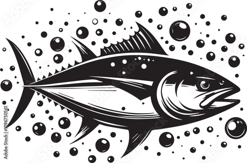 A tuna swimming straight up with bubbles rising around it vector silhouette