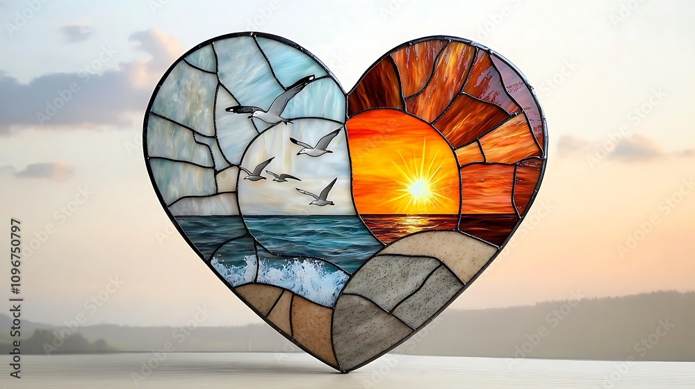 Fototapeta premium A stunning stained glass mosaic heart depicting a serene ocean scene with seagulls flying overhead, waves crashing on the shore, and a vibrant sunset in the background, symbolizing love