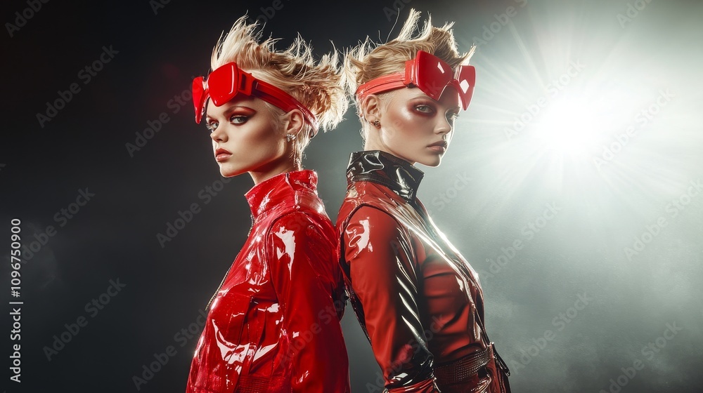 Fototapeta premium Contrasting Elegance: Edgy Twin Fashion Models in Modern Bright Spotlight Studio Shot with High Gloss Finish