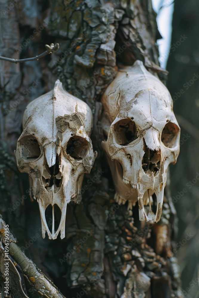 Two skulls hanging from a tree branch in a wooded area Two skulls hanging from a tree branch in a wooded area