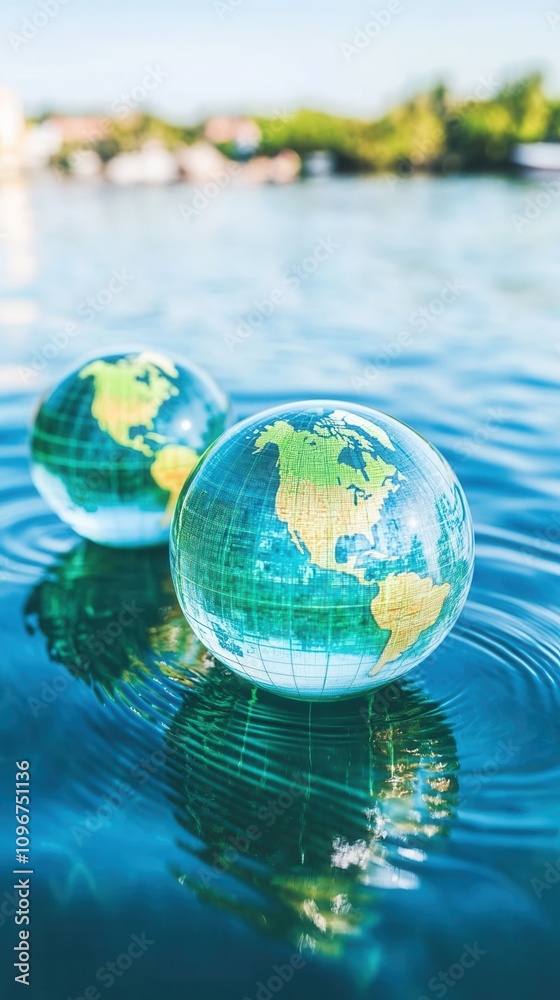 Two transparent globes floating in water, symbolizing global awareness and environmental consciousness. Two transparent globes floating in water, symbolizing global awareness and environmental consciousness.