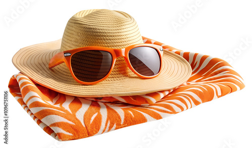 Hat and sunglasses on the beach small towel
