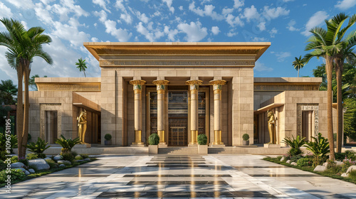 A large, modern Egyptian-style home with polished sandstone walls, golden reliefs of scarabs and ankhs near the roofline, and a dramatic doorway flanked by carved stone columns. photo