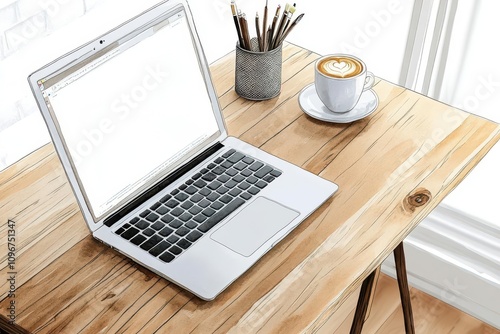 A minimalist workspace featuring a laptop on a wooden desk, a cup of coffee, and a container of pens, illuminated by natural light.