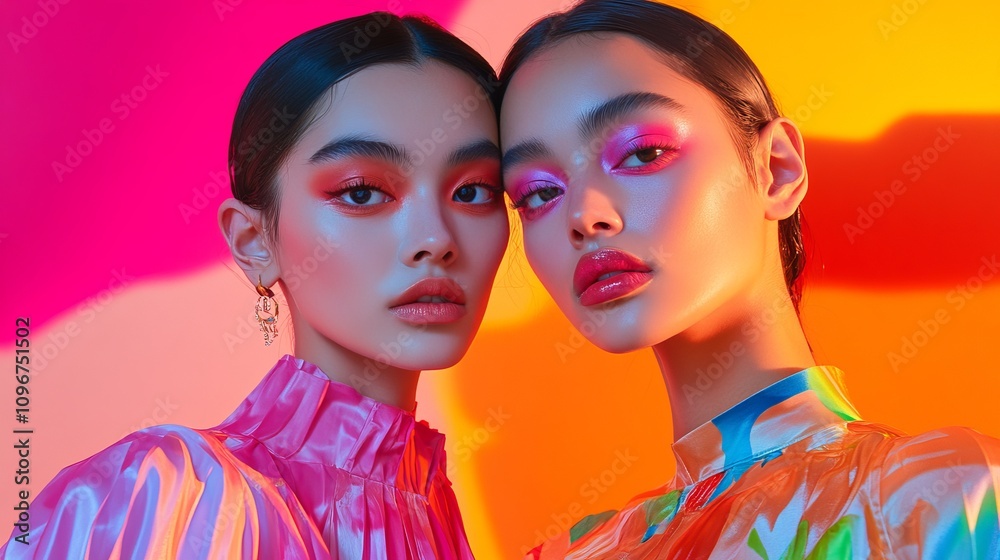 Symmetry & Style: Twin Models in Bold Designer Outfits Posed Against Abstract Background with Bright Lighting Symmetry & Style: Twin Models in Bold Designer Outfits Posed Against Abstract Background with Bright Lighting
