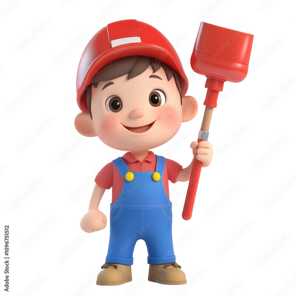 A cheerful 3D rendered cartoon boy in overalls holds a red plunger. A cheerful 3D rendered cartoon boy in overalls holds a red plunger.