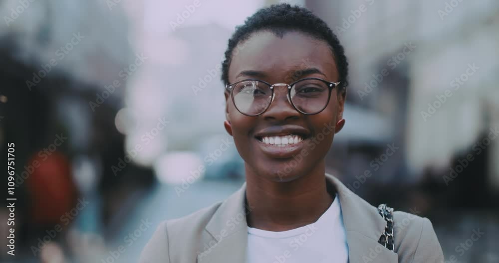 Outdoor portrait of charming pretty young african business woman in eyeglasses standing on street outside. Blurred city background. Modern people. Outdoor portrait of charming pretty young african business woman in eyeglasses standing on street outside. Blurred city background. Modern people.