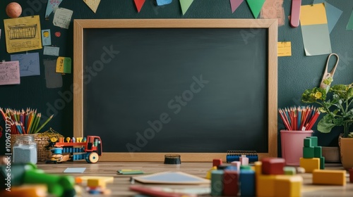 Colorful Classroom with Blank Chalkboard and Supplies