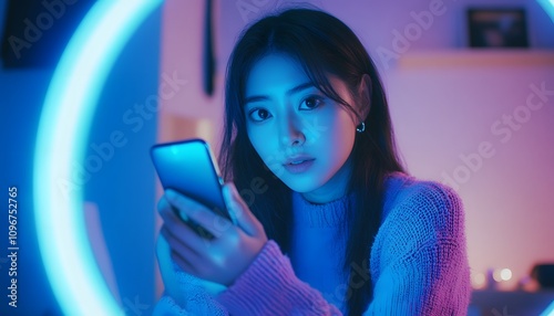 A young Asian woman recording content with a ring light and a phone in her hand, wearing a purple sweater, with a home background, soft lighting, cool tones,  photo