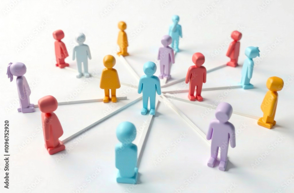 Small colored figures are arranged in a circle, symbolizing connections and relationships among individuals Small colored figures are arranged in a circle, symbolizing connections and relationships among individuals