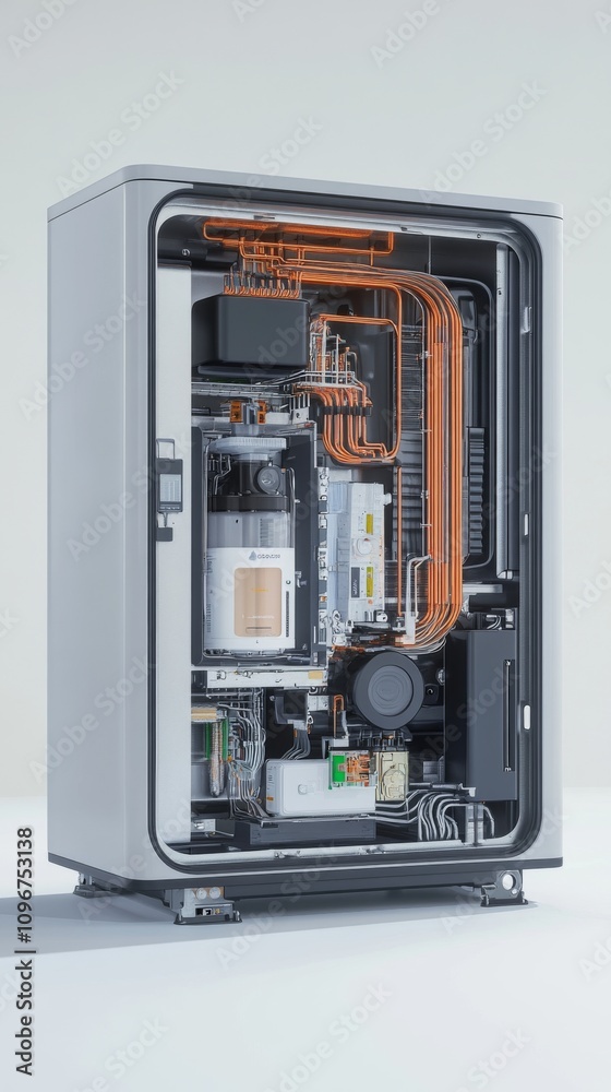Fototapeta premium Modern Refrigeration Unit with Exposed Components and Copper Tubing Displaying Advanced Technology and Efficient Design