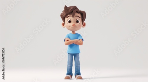 Cheerful cartoon boy standing with arms crossed.