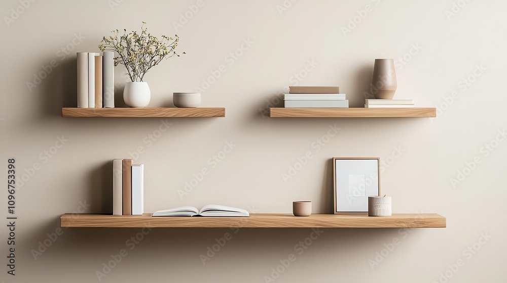 A minimalist home officelibrary with light wooden bookshelves, a floating desk, and neutral tones for a simple, cozy feel A minimalist home officelibrary with light wooden bookshelves, a floating desk, and neutral tones for a simple, cozy feel