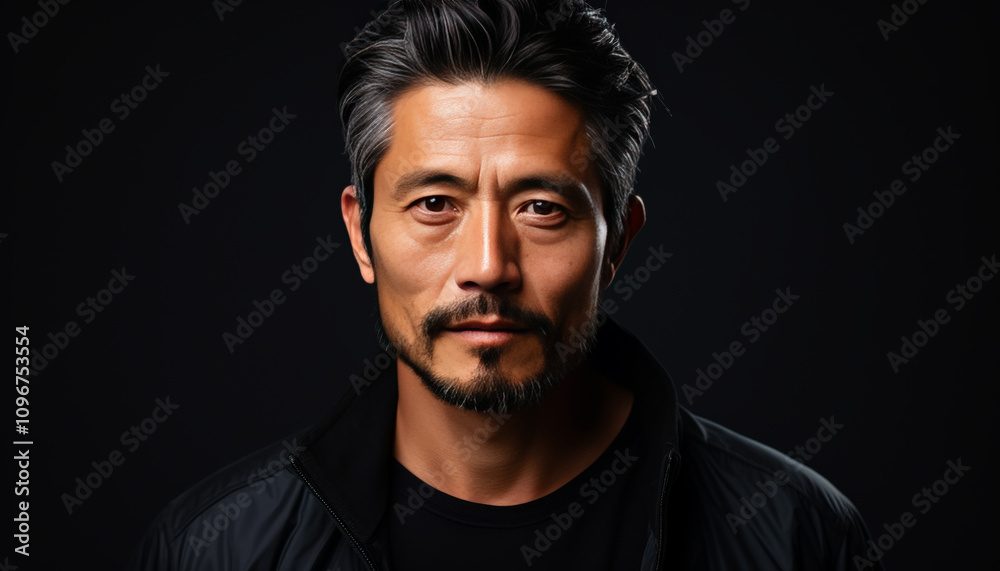 Portrait handsome middle-aged Asian man on black background looking at camera. Portrait handsome middle-aged Asian man on black background looking at camera.