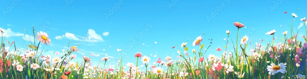 A vibrant field of colorful flowers under a clear blue sky, evoking a sense of tranquility. A vibrant field of colorful flowers under a clear blue sky, evoking a sense of tranquility.