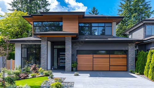 Modern luxury house with a gray and wooden garage door, front view. This represents a modern architectural concept.