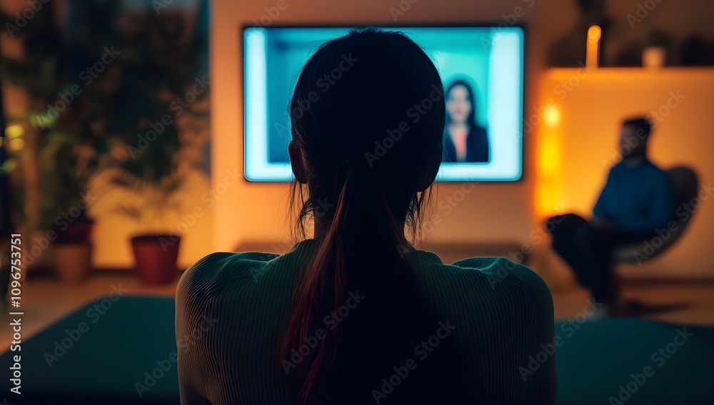 Obraz premium Young woman watching TV at home, news channel on screen with people in the studio, sitting in a back view. Backlit living room interior. 