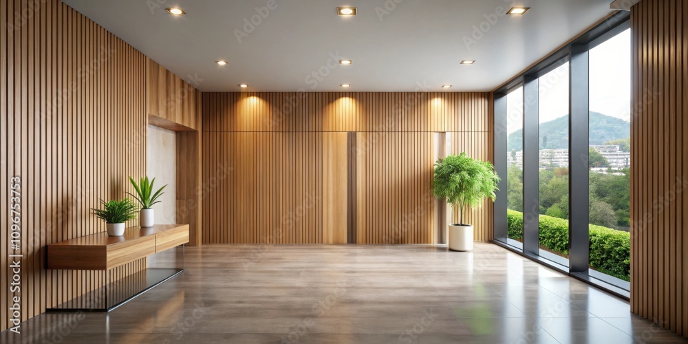 Fototapeta premium Modern minimalist interior design with wooden slat wall, large windows, and potted plants