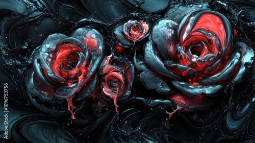 Abstract metallic roses with red accents, dripping paint. photo