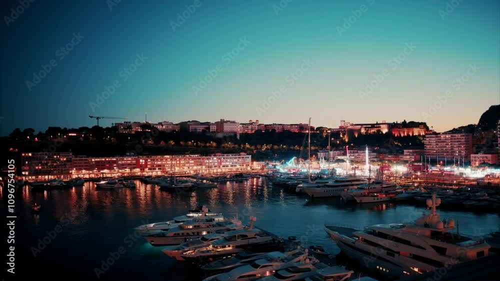 Aerial view of the Monte Carlo Yacht Show in the evening with the skyline of the city on the background Aerial view of the Monte Carlo Yacht Show in the evening with the skyline of the city on the background