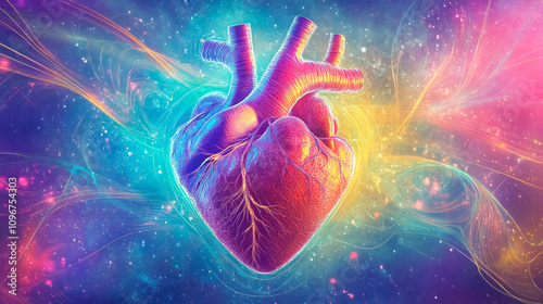 Strong and vibrant human heart radiating health with glowing energy effects and stabilized glucose representation in a colorful cosmic background