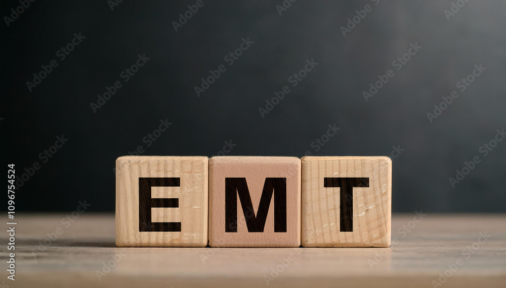 Wooden cubes with abbreviation EMT. Emergency Medical Technician. Electrical Metallic Tubing