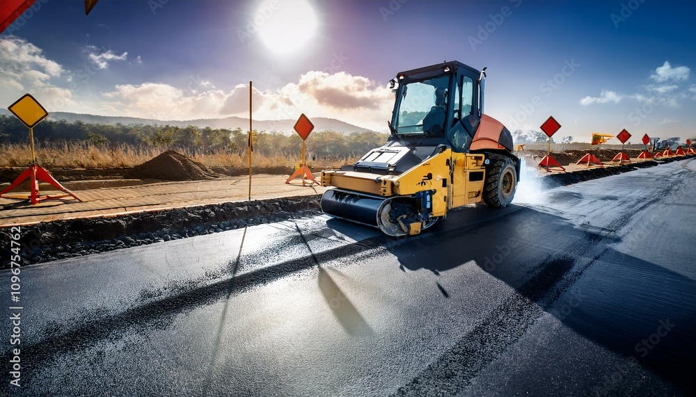 Nearby, construction signs guide traffic safely around the site. Nearby, construction signs guide traffic safely around the site.