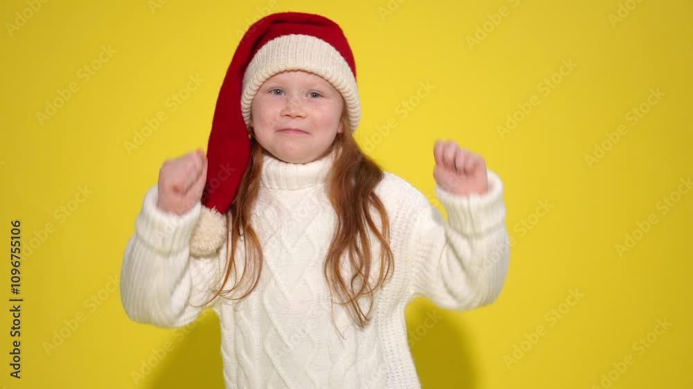 Festive child wearing red santa hat and white sweater winter attire dancing and celebrating holiday spirit with cheerful pose on yellow background Festive child wearing red santa hat and white sweater winter attire dancing and celebrating holiday spirit with cheerful pose on yellow background